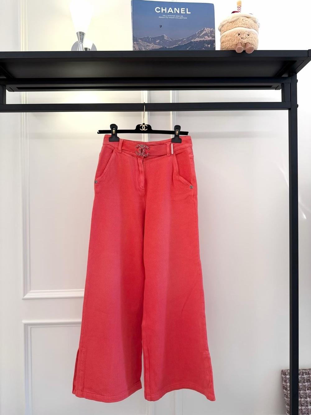 CHANEL Coral Wide-Leg Trousers with Signature Trim